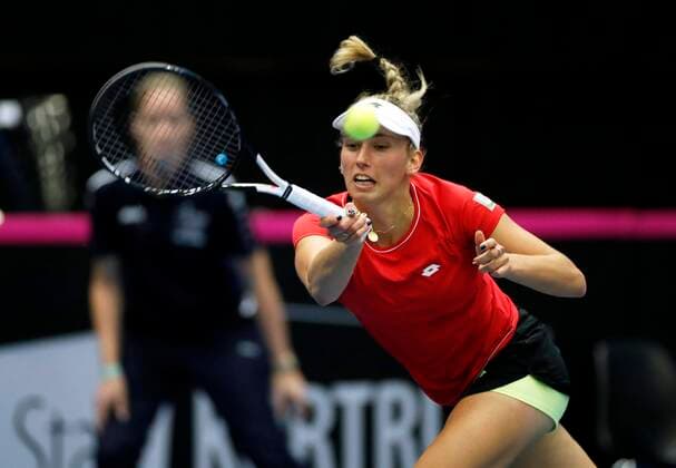 KORTRIJK, BELGIUM - FEBRUARY 6 : Elise MERTENS (Bel) between Zarina Diyas (Kaz) pictured during a first day of the Fed Cup Qualifiers game between Belgium against Kazakhstan on February 07, 2020 in Kortrijk, Belgium, 7 02 2020 TENNIS : Belgique Vs Kazakhstan - Qualifications Fed Cup - 07 02 2020 PhotoNews Panoramic 