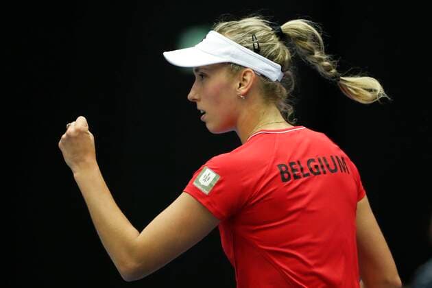 KORTRIJK, BELGIUM - FEBRUARY 6 : Elise MERTENS (Bel) between Zarina Diyas (Kaz) pictured during a first day of the Fed Cup Qualifiers game between Belgium against Kazakhstan on February 07, 2020 in Kortrijk, Belgium, 7 02 2020 TENNIS : Belgique Vs Kazakhstan - Qualifications Fed Cup - 07 02 2020 PhotoNews Panoramic 