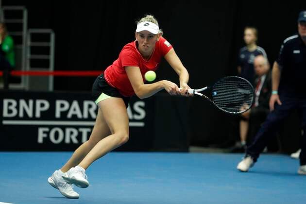 KORTRIJK, BELGIUM - FEBRUARY 6 : Elise MERTENS (Bel) between Zarina Diyas (Kaz) pictured during a first day of the Fed Cup Qualifiers game between Belgium against Kazakhstan on February 07, 2020 in Kortrijk, Belgium, 7 02 2020 TENNIS : Belgique Vs Kazakhstan - Qualifications Fed Cup - 07 02 2020 PhotoNews Panoramic 