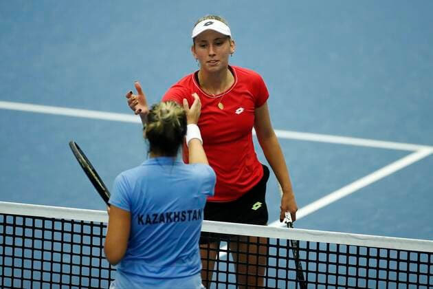 KORTRIJK, BELGIUM - FEBRUARY 6 : Elise MERTENS (Bel) between Zarina Diyas (Kaz) pictured during a first day of the Fed Cup Qualifiers game between Belgium against Kazakhstan on February 07, 2020 in Kortrijk, Belgium, 7 02 2020 TENNIS : Belgique Vs Kazakhstan - Qualifications Fed Cup - 07 02 2020 PhotoNews Panoramic 