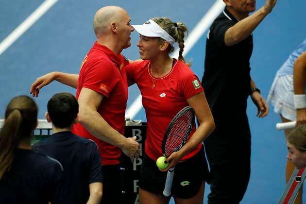 KORTRIJK, BELGIUM - FEBRUARY 6 : Elise MERTENS (Bel) between Zarina Diyas (Kaz) pictured during a first day of the Fed Cup Qualifiers game between Belgium against Kazakhstan on February 07, 2020 in Kortrijk, Belgium, 7 02 2020 TENNIS : Belgique Vs Kazakhstan - Qualifications Fed Cup - 07 02 2020 PhotoNews Panoramic 