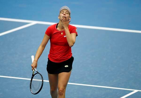 KORTRIJK, BELGIUM - FEBRUARY 6 : Elise MERTENS (Bel) between Zarina Diyas (Kaz) pictured during a first day of the Fed Cup Qualifiers game between Belgium against Kazakhstan on February 07, 2020 in Kortrijk, Belgium, 7 02 2020 TENNIS : Belgique Vs Kazakhstan - Qualifications Fed Cup - 07 02 2020 PhotoNews Panoramic 