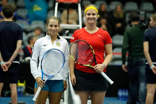 KORTRIJK, BELGIUM - FEBRUARY 6 : Ysaline BONAVENTURE(Bel) between Yulia Putintseva (Kaz) pictured during a first day of the Fed Cup Qualifiers game between Belgium against Kazakhstan on February 07, 2020 in Kortrijk, Belgium, 7 02 2020 TENNIS : Belgique Vs Kazakhstan - Qualifications Fed Cup - 07 02 2020 PhotoNews Panoramic 