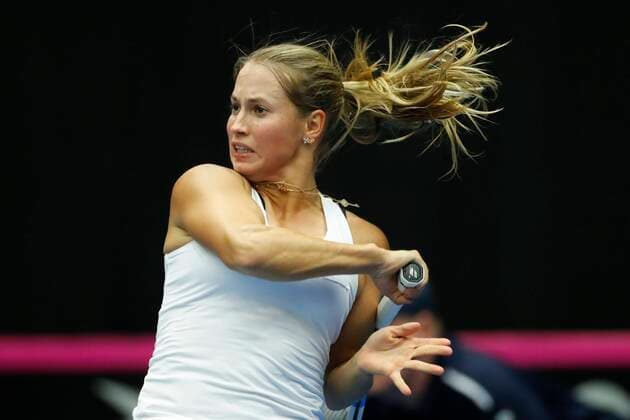 KORTRIJK, BELGIUM - FEBRUARY 6 : Ysaline BONAVENTURE(Bel) between Yulia Putintseva (Kaz) pictured during a first day of the Fed Cup Qualifiers game between Belgium against Kazakhstan on February 07, 2020 in Kortrijk, Belgium, 7 02 2020 TENNIS : Belgique Vs Kazakhstan - Qualifications Fed Cup - 07 02 2020 PhotoNews Panoramic 