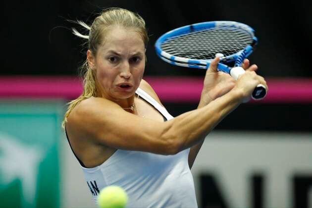 KORTRIJK, BELGIUM - FEBRUARY 6 : Ysaline BONAVENTURE(Bel) between Yulia Putintseva (Kaz) pictured during a first day of the Fed Cup Qualifiers game between Belgium against Kazakhstan on February 07, 2020 in Kortrijk, Belgium, 7 02 2020 TENNIS : Belgique Vs Kazakhstan - Qualifications Fed Cup - 07 02 2020 PhotoNews Panoramic 