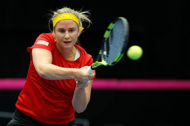 KORTRIJK, BELGIUM - FEBRUARY 6 : Ysaline BONAVENTURE(Bel) between Yulia Putintseva (Kaz) pictured during a first day of the Fed Cup Qualifiers game between Belgium against Kazakhstan on February 07, 2020 in Kortrijk, Belgium, 7 02 2020 TENNIS : Belgique Vs Kazakhstan - Qualifications Fed Cup - 07 02 2020 PhotoNews Panoramic 