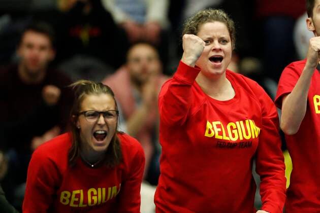 KORTRIJK, BELGIUM - FEBRUARY 6 : Kim Clijsters - and Kirsten Flipkens - Ysaline BONAVENTURE(Bel) between Yulia Putintseva (Kaz) pictured during a first day of the Fed Cup Qualifiers game between Belgium against Kazakhstan on February 07, 2020 in Kortrijk, Belgium, 7 02 2020 TENNIS : Belgique Vs Kazakhstan - Qualifications Fed Cup - 07 02 2020 PhotoNews Panoramic 