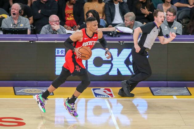 LOS ANGELES, CA - FEBRUARY 06: Houston Rockets guard Russell Westbrook (0) at midcourt dribbling during the Houston Rockets vs Los Angeles Lakers game on February 06, 2020, at Staples Center in Los Angeles, CA. (Photo by Jevone Moore Icon Sportswire) NBA, Basketball Herren, USA FEB 06 Rockets at Lakers Icon20020688
