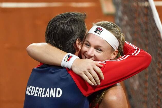 08-02-2020 TENNIS: FED CUP: NEDERLAND-WIT RUSLAND: DEN HAAG Kiki Bertens NED wins her match against Aryna Sabalenka BLR and celebrates with coach Paul Haarhuis during Fed Cup Netherlands- Belarus on February, 8 2020 in Den Haag Netherlands. Photo by SCS Sander Chamid Fed cup Netherlands-Belarus xVIxANPxSportx xSoenarxChamidxsportfotografiexIVx 405937974