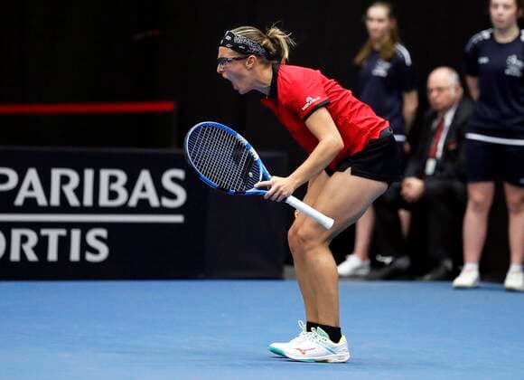 KORTRIJK, BELGIUM - FEBRUARY 8 Kirsten Flipkens (Bel) between Zarina Diyas (Kaz) pictured during a second day of the Fed Cup Qualifiers game between Belgium against Kazakhstan on February 08, 2020 in Kortrijk, Belgium, 8 02 2020 TENNIS : Belgium Vs Kazakhstan - Fed Cup Qualifiers - 08 02 2020 PhotoNews Panoramic 