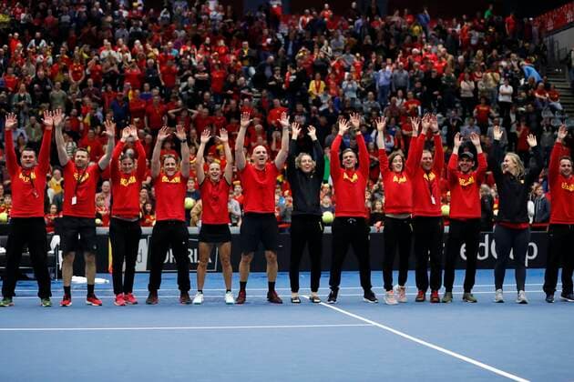 KORTRIJK, BELGIUM - FEBRUARY 8 Elise MERTENS, Greet MINNEN, Kirsten FLIPKENS and Ysaline BONAVENTURE, Johan VAN HERCK belgian captain - Belgian team celebrates - Kirsten Flipkens (Bel) between Zarina Diyas (Kaz) pictured during a second day of the Fed Cup Qualifiers game between Belgium against Kazakhstan on February 08, 2020 in Kortrijk, Belgium, 8 02 2020 TENNIS : Belgium Vs Kazakhstan - Fed Cup Qualifiers - 08 02 2020 PhotoNews Panoramic 