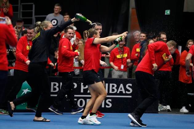 KORTRIJK, BELGIUM - FEBRUARY 8 Elise MERTENS, Greet MINNEN, Kirsten FLIPKENS and Ysaline BONAVENTURE, Johan VAN HERCK belgian captain - Belgian team celebrates - Kirsten Flipkens (Bel) between Zarina Diyas (Kaz) pictured during a second day of the Fed Cup Qualifiers game between Belgium against Kazakhstan on February 08, 2020 in Kortrijk, Belgium, 8 02 2020 TENNIS : Belgium Vs Kazakhstan - Fed Cup Qualifiers - 08 02 2020 PhotoNews Panoramic 