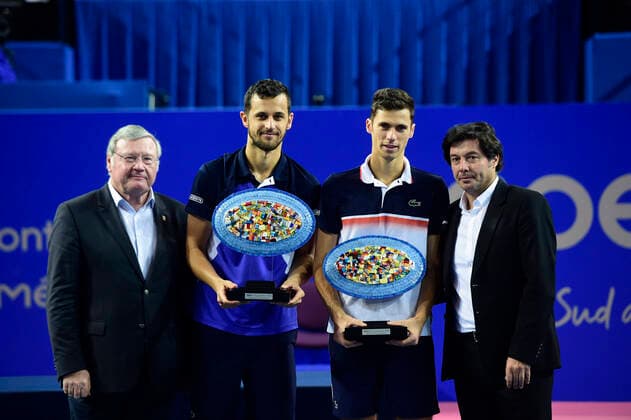 Nikola Cacis (Srb) Mate Pavic (Cro) Sebastien Grosjean - directeur du Tournoi Open Sud de France Pierre Douymayrou - President de la ligue Occitanie TENNIS : Open Sud de France 2020 - Finale Double - Montpellier - 09 02 2020 JBAutissier Panoramic 