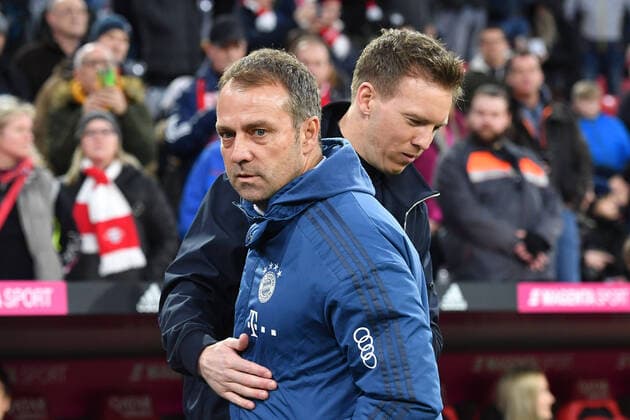 Hans Dieter Flick (Hansi ,Trainer Bayern Muenchen) mit Julian NAGELSMANN (Trainer L). Fussball 1. Bundesliga,21.Spieltag,Spieltag21, FC Bayern Muenchen (M) -RB Leipzig (L) 0-0, am 09.02.2020 in Muenchen A L L I A N Z A R E N A, DFL REGULATIONS PROHIBIT ANY USE OF PHOTOGRAPHS AS IMAGE SEQUENCES AND OR QUASI-VIDEO.