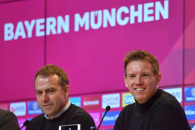 Julian NAGELSMANN (Trainer L) und Hans Dieter Flick (Hansi ,Trainer Bayern Muenchen) bei der Pressekonferenz. Fussball 1. Bundesliga,21.Spieltag,Spieltag21, FC Bayern Muenchen (M) -RB Leipzig (L) 0-0, am 09.02.2020 in Muenchen A L L I A N Z A R E N A, DFL REGULATIONS PROHIBIT ANY USE OF PHOTOGRAPHS AS IMAGE SEQUENCES AND OR QUASI-VIDEO.