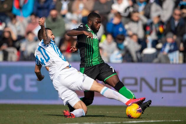 Jeremie Boga (Sassuolo) Nenad Tomovic (Spal) Foul Penalty during the Italian Serie A match between Spal 1-2 Sassuolo at Paolo Mazza Stadium on February 09 , 2020 in Ferrara, Italy. Noxthirdxpartyxsales (122021693)