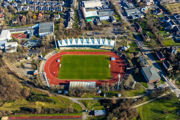 Fußball, Stadiongeschichte SG Wattenscheid 09 Luftbild, Lohrheidestadion, Leithe, Bochum, Ruhrgebiet, Nordrhein-Westfalen, Deutschland !ACHTUNGxMINDESTHONORARx60xEURO!