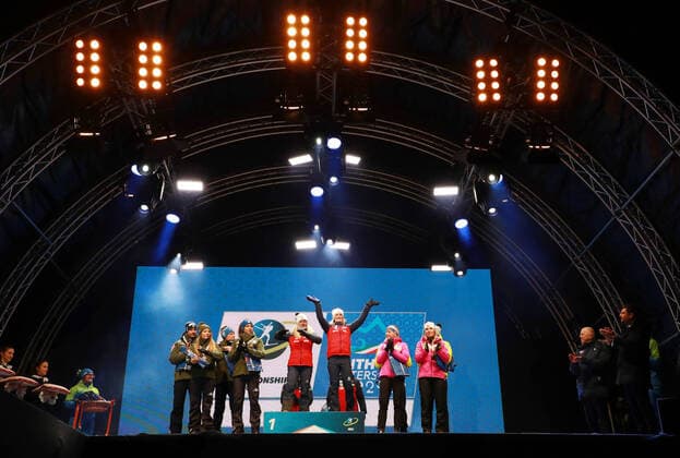 BIATHLON - IBU World Championships Antholz 2020 ANTHOLZ,ITALY,13.FEB.20 - BIATHLON - IBU World Championships 2020, 4x6km Mixed Relay. Image shows Johannes Thingnes Boe, Tiril Eckhoff, Marte Olsbu Roeiseland and Tarjei Boe (NOR), Ondrej Moravec, Michal Krcmar, Eva Kristejn Puskarcikova and Marketa Davidova (CZE). Keywords: medal. GEPAxpictures xAndreasxPranter