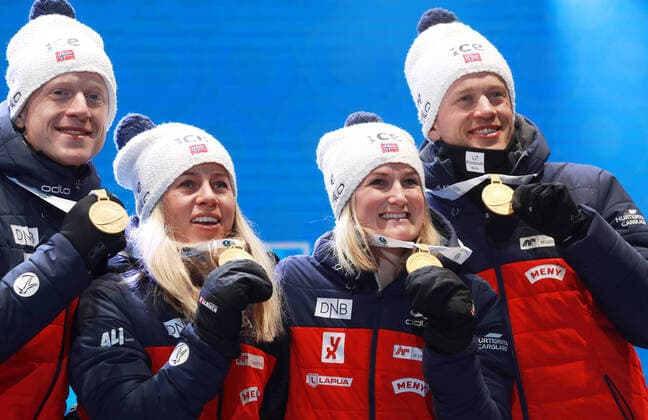 BIATHLON - IBU World Championships Antholz 2020 ANTHOLZ,ITALY,13.FEB.20 - BIATHLON - IBU World Championships 2020, 4x6km Mixed Relay. Image shows Johannes Thingnes Boe, Tiril Eckhoff, Marte Olsbu Roeiseland and Tarjei Boe (NOR). Keywords: medal. GEPAxpictures xAndreasxPranter