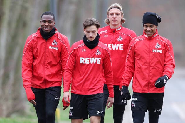 1.FC Köln Training von links: Kingsley Ehizibue (1.FC Köln), Noah Katterbach (1.FC Köln), Sebastiaan Bornauw (1.FC Köln), Ismail Jakobs (1.FC Köln) 14.02.2020