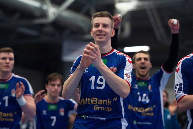 Hamm, Deutschland 14.02.2020: 2. Handball-Bundesliga - 2019 2020 - ASV Hamm-Westfalen vs. Handball Verein Hamburg Jonas Gertges (Hamburg) Hamm Nordrhein-Westfalen Deutschland WESTPRESS Arena *** Hamm, Germany 14 02 2020 2 Handball Bundesliga 2019 2020 ASV Hamm Westphalia vs. Handball Sport Verein Hamburg Jonas Gertges Hamburg Hamm North Rhine-Westphalia Germany WESTPRESS Arena