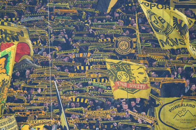Football Dortmund - Frankfurt, Dortmund Feb 14, 2020. BVB fans Gelbe Wand, Südkurve BORUSSIA DORTMUND - EINTRACHT FRANKFURT 4-0 - DFL REGULATIONS PROHIBIT ANY USE OF PHOTOGRAPHS as IMAGE SEQUENCES and or QUASI-VIDEO - 1.German Soccer League , Dortmund, February 14, 2020. Season 2019 2020, match day 22, BVB,