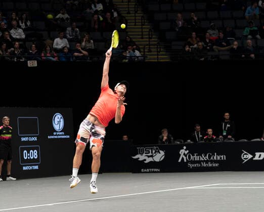 New York Open 2020 semifinals ATP, Tennis Herren 250 Miomir Kecmanovic of Serbia serves during semifinal match against Kyle Edmund of Great Britain at ATP 250 New York Open 2020 tennis tournament at Nassau Coliseum, Edmund won match Hempstead New York United States Copyright: LevxRadin