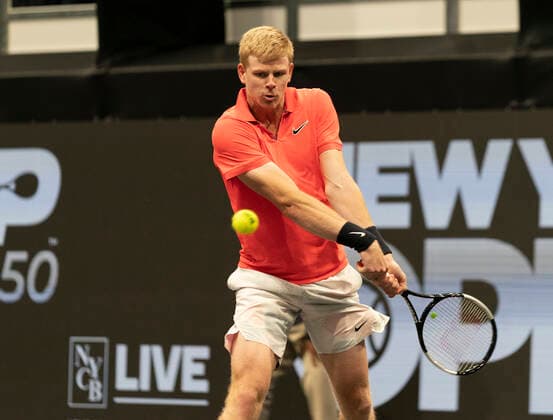 New York Open 2020 semifinals ATP, Tennis Herren 250 Kyle Edmund of Great Britain returns ball during semifinal match against Miomir Kecmanovic of Serbia at ATP 250 New York Open 2020 tennis tournament at Nassau Coliseum, Edmund won match Hempstead New York United States Copyright: LevxRadin
