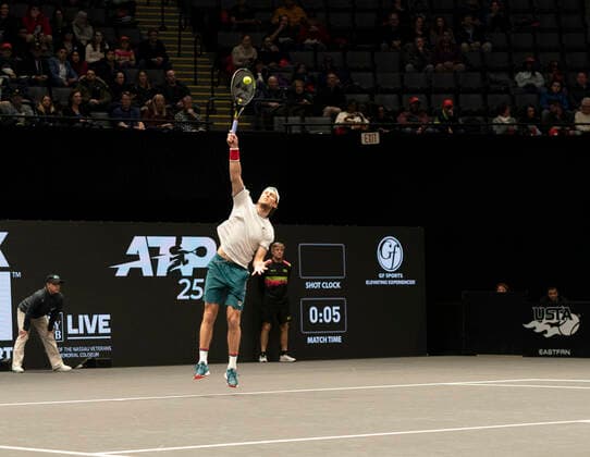 New York Open 2020 semifinals ATP, Tennis Herren 250 Andreas Seppi of Italy serves during semifinal match against Jason Jung of Taipei at ATP 250 New York Open 2020 tennis tournament at Nassau Coliseum, Seppi won match Hempstead New York United States Copyright: LevxRadin
