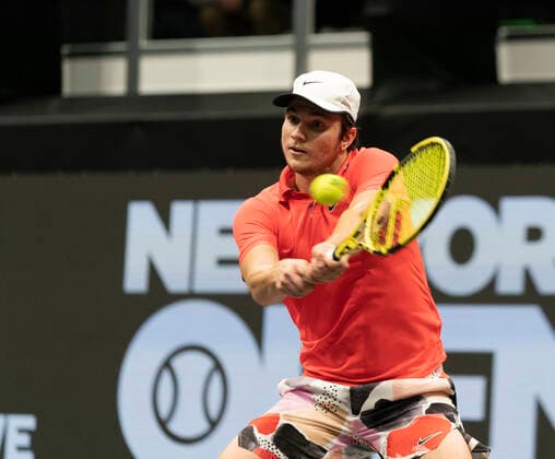 New York Open 2020 semifinals ATP, Tennis Herren 250 Miomir Kecmanovic of Serbia returns ball during semifinal match against Kyle Edmund of Great Britain at ATP 250 New York Open 2020 tennis tournament at Nassau Coliseum, Edmund won match Hempstead New York United States Copyright: LevxRadin