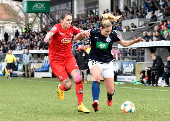 v.l.: Calo Francesca (Köln), Nina Ehegötz (Ehegoetz, Potsdam, 22), 1.FFC Turbine Potsdam - 1. FC Köln, Fußball, Frauen, Bundesliga, Saison 2019 2020, Potsdam, 16.02.2020, Deutschland, DFB DFL REGULATIONS PROHIBIT ANY USE OF PHOTOGRAPHS AS IMAGE SEQUENCES AND OR QUASI-VIDEO.