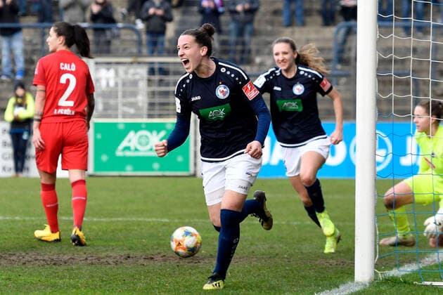 Sara Agrez (Potsdam, 2, mi.) bejubelt das Tor 5:0, Jubel, jubeln, Freude, Sieg, freuen, Erfolg, 1.FFC Turbine Potsdam - 1. FC Köln, Fußball, Frauen, Bundesliga, Saison 2019 2020, Potsdam, 16.02.2020, Deutschland, DFB DFL REGULATIONS PROHIBIT ANY USE OF PHOTOGRAPHS AS IMAGE SEQUENCES AND OR QUASI-VIDEO.