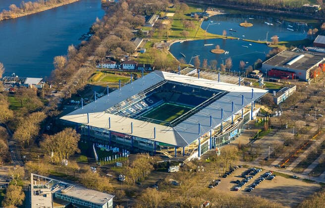 Luftbild, Fußballstadion Schauinsland-Reisen-Arena, MSV Duisburg Arena, Sportpark Duisburg, Duisburg, Ruhrgebiet, Nordrhein-Westfalen, Deutschland !ACHTUNGxMINDESTHONORARx60xEURO!