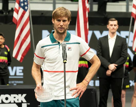 New York Open 2020 final ATP, Tennis Herren 250 Andreas Seppi of Italy speaks on court after losing final to Kyle Edmund of Great Britain at ATP 250 New York Open 2020 tennis tournament at Nassau Coliseum Hempstead New York United States Copyright: LevxRadin