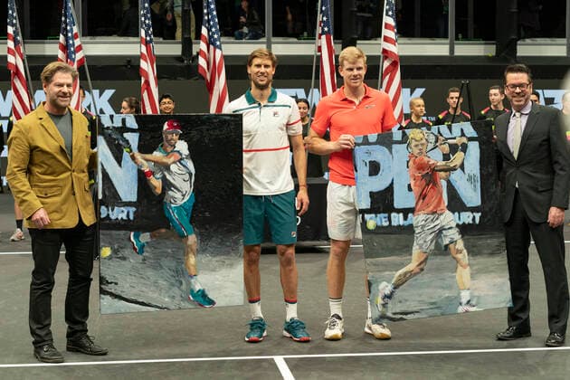 Sport Bilder des Tages New York Open 2020 final ATP, Tennis Herren 250 Andreas Seppi of Italy and Kyle Edmund of Great Britain pose with their respective trophies after final at ATP 250 New York Open 2020 tennis tournament at Nassau Coliseum, Edmunnd won final Hempstead New York United States Copyright: LevxRadin