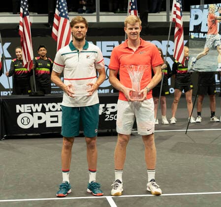 New York Open 2020 final ATP, Tennis Herren 250 Andreas Seppi of Italy and Kyle Edmund of Great Britain pose with their respective trophies after final at ATP 250 New York Open 2020 tennis tournament at Nassau Coliseum, Edmunnd won final Hempstead New York United States Copyright: LevxRadin