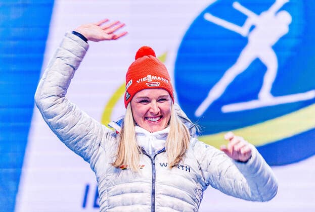 16.02.2020, Suedtirol Arena, Antholz, ITA, IBU Weltmeisterschaften Biathlon, Damen, 10 km Verfolgung, Siegerehrung, im Bild Silbermedaillengewinnerin Denise Herrmann (GER) Silver medalist Denise Herrmann of Germany during the winner Ceremony for the women s 10 km Pursuit of IBU Biathlon World Championships 2020 at the Suedtirol Arena in Antholz, Italy on 2020 02 16. Antholz