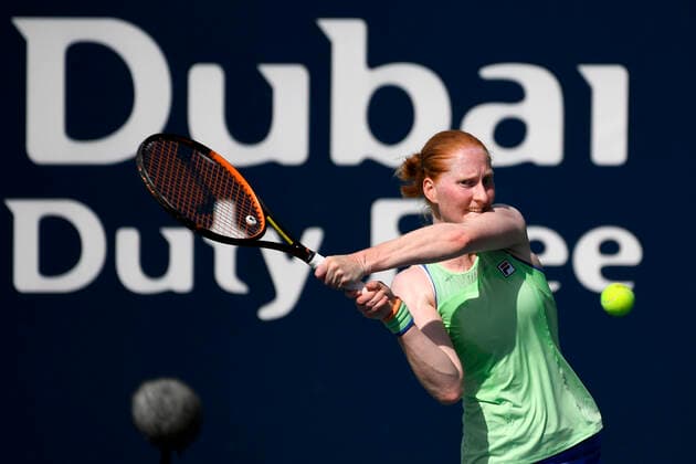 Belgian Alison Van Uytvanck pictured in action during a game between Belgian Alison Van Uytvanck and Czech Katerina Sinioakova in the women s singles last qualification round at the 2020 Dubai Tennis Championships, in Dubai, United Arab Emirates, Monday 17 February 2020. YORICKxJANSENS  x2475834x