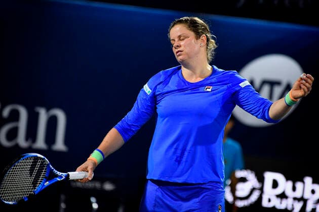 Belgian Kim Clijsters reacts at a game between Belgian Kim Clijsters and Spanish Garbine Muguruza in the women s singles first round at the 2020 Dubai Tennis Championships, in Dubai, United Arab Emirates, Monday 17 February 2020. YORICKxJANSENS  x2476079x