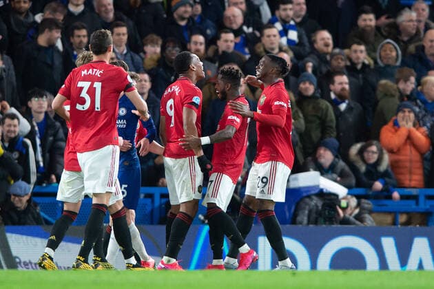 Anthony Martial of Manchester United, ManU celebrates scoring the opening goal during the Premier League match between Chelsea and Manchester United at Stamford Bridge, London, England on 17 February 2020. ( UKSP Espa-Images) Chelsea v Manchester United Premier League 17 02 2020. - ZUMAcs12 20200217_zaf_cs12_055 Copyright: xESPAxPhotoxAgencyx