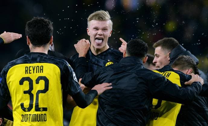 Fussball, UEFA Champions League, Herren, Saison 2019 2020, Achtelfinale Hinspiel, Signal Iduna Park Dortmund, Bor. Dortmund (gelb) - Paris St. Germain, PSG (weiss) 2:1; Schlussjubel Erling Haaland (BVB). Jubel, Freude, Aktion. DFL DFB UEFA REGULATIONS PROHIBIT ANY USE OF PHOTOGRAPHS AS IMAGE SEQUENCES AND OR QUASI-VIDEO.