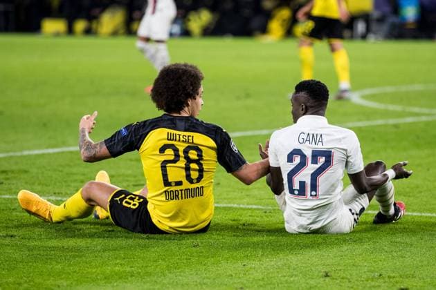 Champions League, Borussia Dortmund - Paris Saint-Germaine Axel Witsel (Borussia Dortmund, 28), Idrissa Gueya (FC Paris Saint-Germain, 27), Champions League, Borussia Dortmund - Paris Saint-Germain, Dortmund, SIGNAL IDUNA PARK Copyright: xBEAUTIFULxSPORTS Wunderlx
