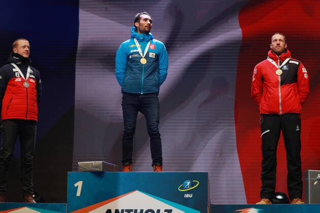 BIATHLON - IBU World Championships Antholz 2020 ANTHOLZ,ITALY,19.FEB.20 - BIATHLON - IBU World Championships 2020, 20km individual, men. Image shows Johannes Thingnes Boe (NOR), Martin Fourcade (FRA) and Dominik Landertinger (AUT). Keywords: medal. GEPAxpictures xAndreasxPranter
