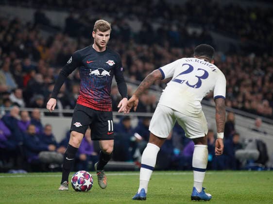 Timo Werner of RB Leipzig lines up Steven Bergwijn of Tottenham during the UEFA Champions League match at the Tottenham Hotspur Stadium, London. Picture date: 19th February 2020. Picture credit should read: David Klein Sportimage EDITORIAL USE ONLY. No use with unauthorised audio, video, data, fixture lists, club league logos or live services. Online in-match use limited to 120 images, no video emulation. No use in betting, games or single club league player publications. SPI-0504-0013