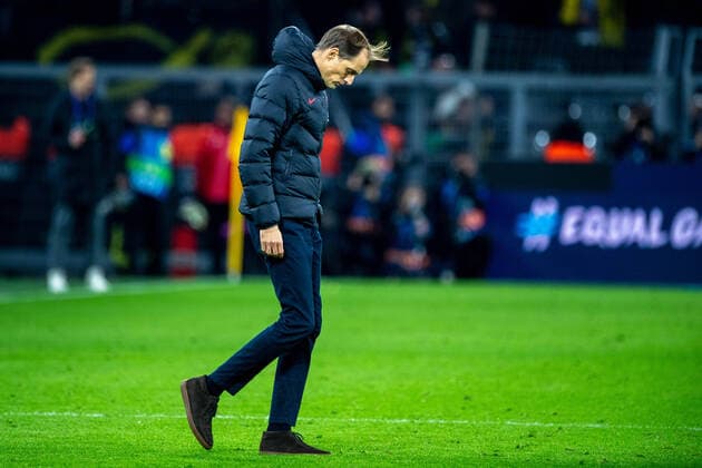 Trainer Thomas TUCHEL (PSG) blickt nach dem Spiel zu Boden, sieht nach unten, frustriert, Frust, gefrustet, enttaeuscht, enttäuscht, Enttäuschung, Enttaeuschung, traurig, ganze Figur, Fussball Champions League, Achtelfinale, Borussia Dortmund (DO) - Paris St. Germain (PSG) 2:1, am 18.02.2020 in Dortmund Deutschland. Â