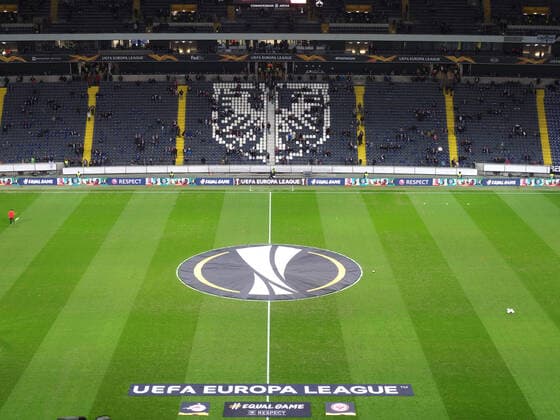 20.02.2020, xmhx, Fussball UEFA Europa League, Eintracht Frankfurt - RB Salzburg emspor, v.l. Das Waldstadion, Commerzbank-Arena vor dem Anpfiff, leer, Impression, Feature, Euro League, Symbol (DFL DFB REGULATIONS PROHIBIT ANY USE OF PHOTOGRAPHS as IMAGE SEQUENCES and or QUASI-VIDEO) Frankfurt am Main