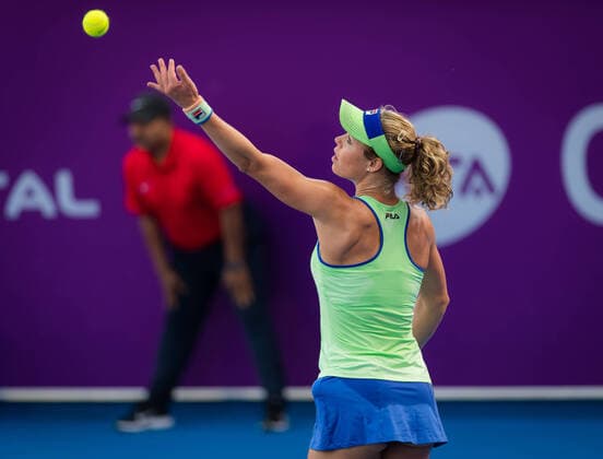 February 21, 2020, Dubai, UNITED ARAB EMIRATES: Laura Siegemund of Germany in action during qualifications at the 2020 Qatar Total Open WTA, Tennis Damen Premier 5 tennis tournament against Mubaraka Al-Naimi of Qatar 2020 Qatar Total Open, Tennis, Doha, Qatar, Feb 21 - ZUMAa181 20200221_zaa_a181_018 Copyright: xRobxPrangex