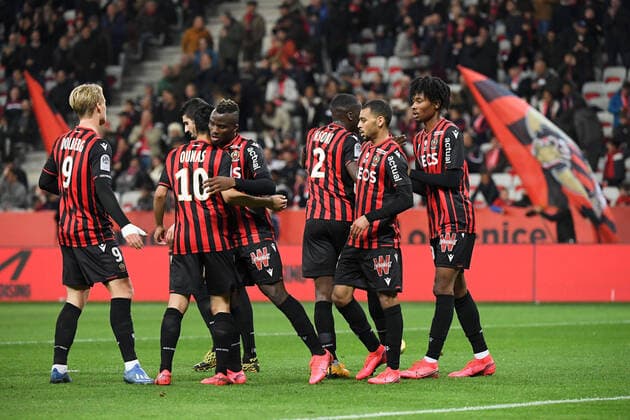 JOIE - 14 IGNATIUS GANAGO (NICE) - 18 ALEXIS CLAUDE MAURICE (NICE) - 19 KHEPHREN THURAM (NICE) FOOTBALL : Nice vs Brest - Ligue 1 Conforama - 21 02 2020 FEP Panoramic 