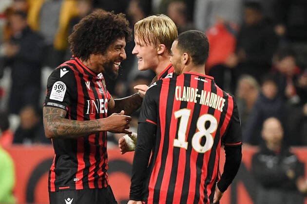 JOIE - 09 KASPER DOLBERG (NICE) - 04 DANTE (NICE) FOOTBALL : Nice vs Brest - Ligue 1 Conforama - 21 02 2020 FEP Panoramic 