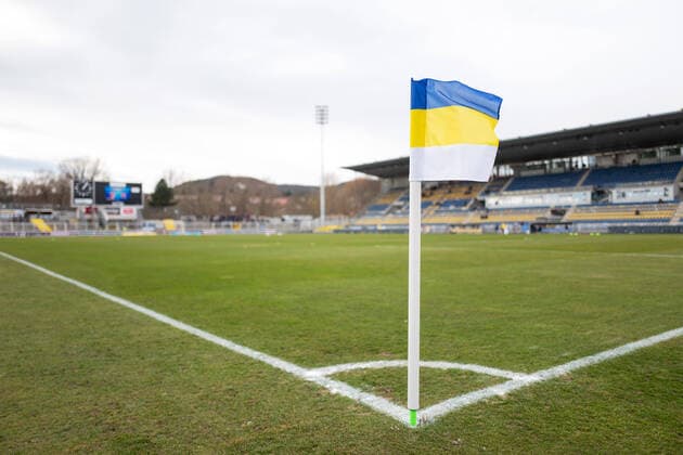 3. Liga Saison 2019 2020 25. Spieltag am 22.2.2020 FC Carl Zeiss Jena vs SV Meppen Blick ins Ernst Abbe Sportfeld von der Eckfahne in blau gelb weißen Vereinsfarben von Jena aus Ernst Abbe Sportfeld